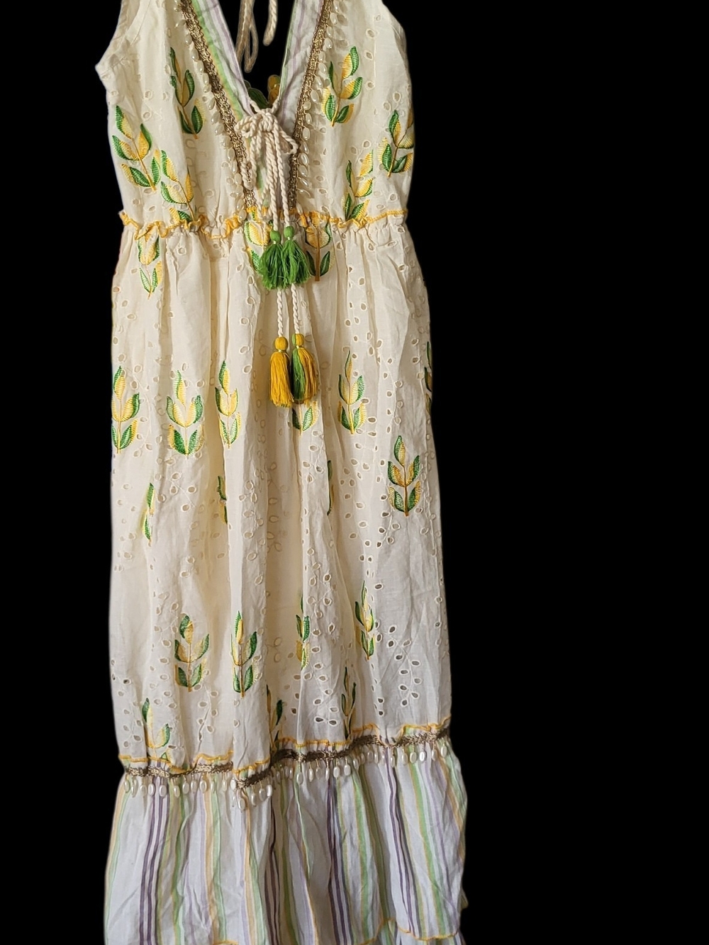 Sleeveless Cream Embroidered Tassel Sundress